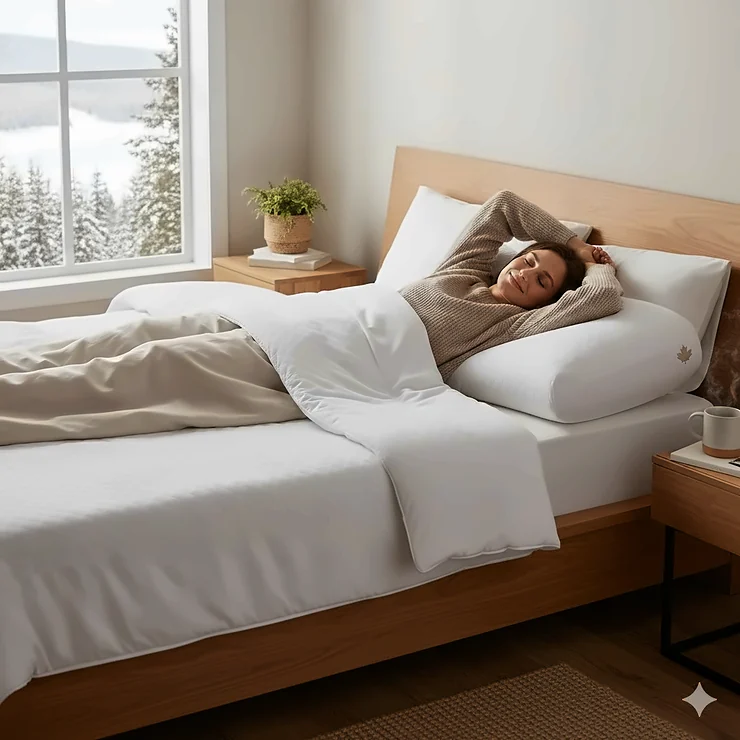 A person resting comfortably on the best memory foam pillow in Canada, featuring a breathable cover suitable for Canadian seasonal temperature shifts. best memory foam pillow canada