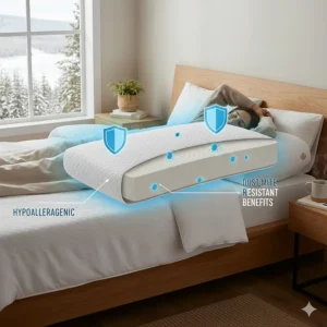 Illustration highlighting hypoallergenic and dust mite resistant properties of a high-quality Canadian memory foam pillow.