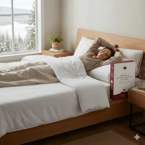 Illustration of pillow packaging with bilingual English and French text for the Canadian market.