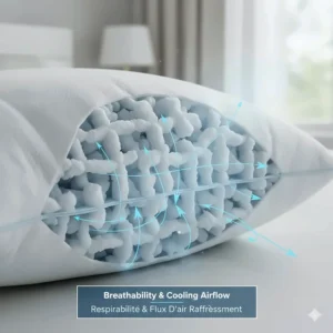 Diagram of airflow through shredded memory foam pieces to keep sleepers cool during humid Canadian summers.