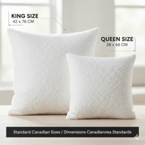Size comparison chart showing Queen and King shredded memory foam pillows in standard Canadian dimensions.