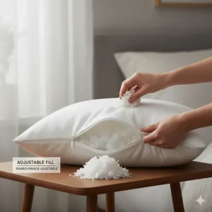 Illustration showing how to add or remove shredded memory foam fill to customize pillow height and firmness.