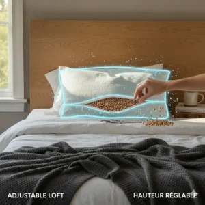 Illustration showing a hand adjusting the buckwheat hull volume to customize pillow height and firmness.