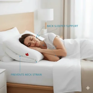 A back sleeper using a thinned-out adjustable loft pillow to prevent neck strain and improve sleep quality.
