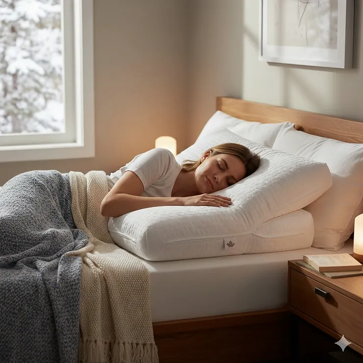 A person sleeping comfortably on an adjustable loft pillow in a cozy, modern Canadian bedroom with soft winter light.