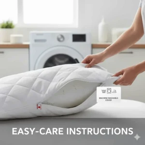 Easy-care instructions for an adjustable loft pillow featuring a machine-washable quilted cover.