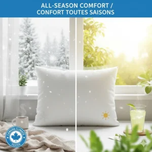 An illustration depicting a pillow perfect for Canadian winters and summers, ensuring year-round sleep quality.