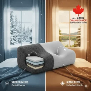 Illustration depicting a pillow suitable for all Canadian seasons, from snowy BC winters to warm Atlantic nights (confort quatre saisons).