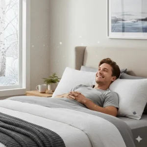 Illustration of a happy sleeper waking up refreshed thanks to the best hypoallergenic pillow available in Canada.