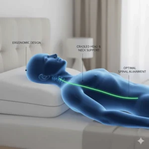 Anatomical view of a back sleeper using a memory foam pillow designed to cradle the head and neck comfortably.