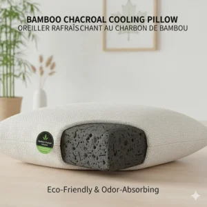 Eco-friendly cooling pillow for hot sleepers featuring grey bamboo charcoal memory foam elements.