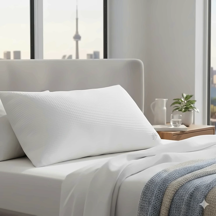 A premium breathable bamboo cooling pillow on a bed in a modern Canadian home, perfect for hot summer nights. (Oreiller en bambou rafraîchissant). bamboo pillow cooling