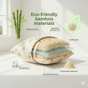 Eco-friendly bamboo fibers and sustainable materials used in Canadian-made cooling pillows, highlighting green living.