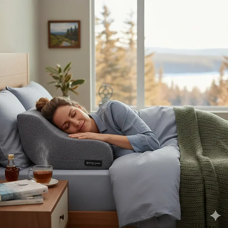 A person sleeping soundly on an anti-snoring pillow in a cozy bedroom; the best solution for quiet sleep and snoring relief in Canada (oreiller anti-ronflement).