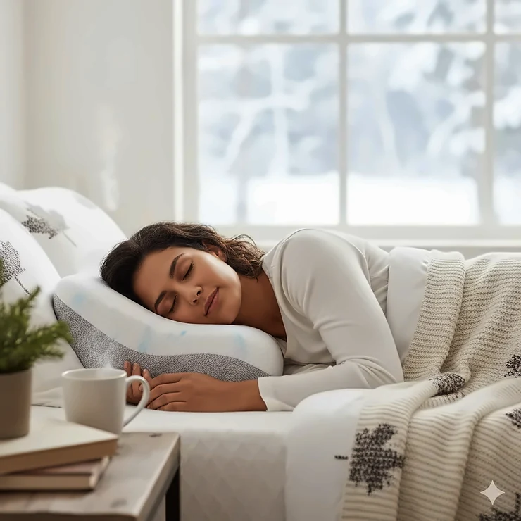 A person sleeping comfortably on a contour cervical pillow for neck pain relief in a bright Canadian home setting.