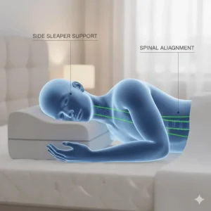 A side sleeper using a memory foam pillow to maintain proper spinal alignment and reduce morning neck stiffness.