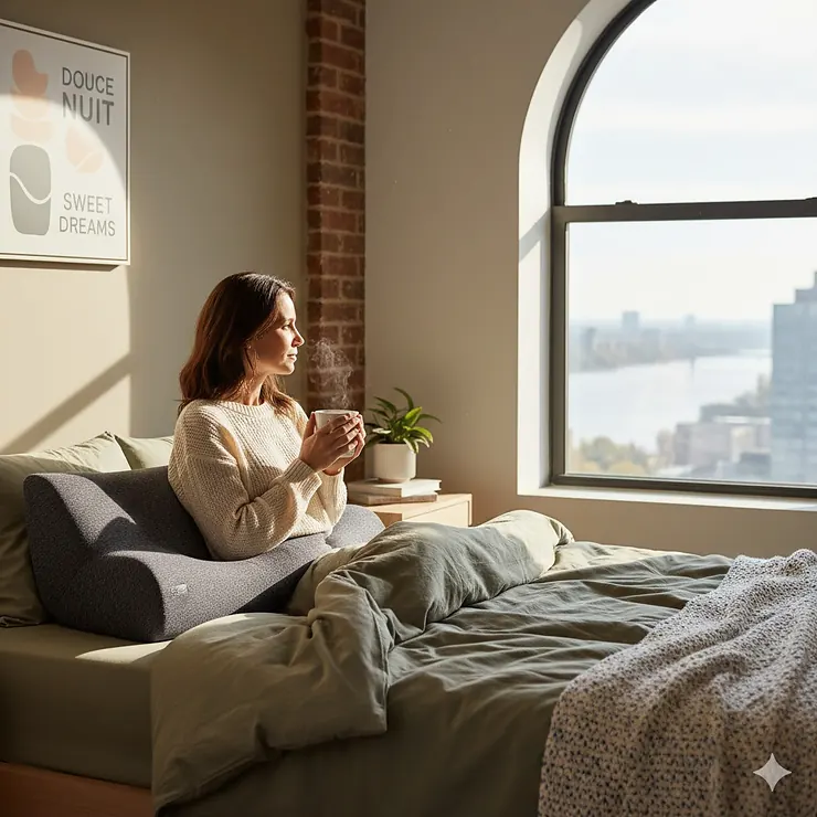 A modern stainless steel drip coffee maker brewing a fresh pot in a sunlit Canadian kitchen with a maple leaf mug. pillow for shoulder pain