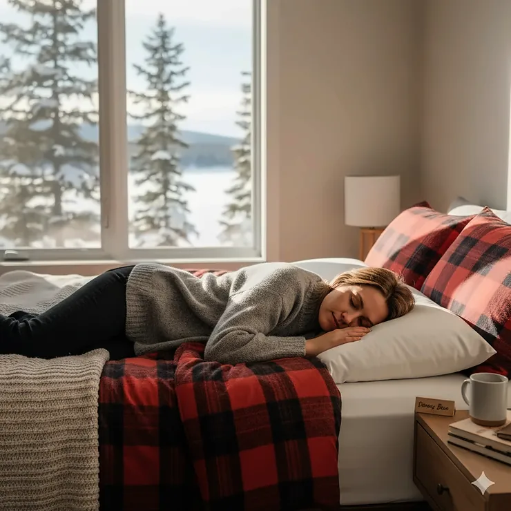A person sleeping comfortably on their stomach on a low-profile pillow in a modern Canadian bedroom with cozy winter bedding. pillow for stomach sleepers