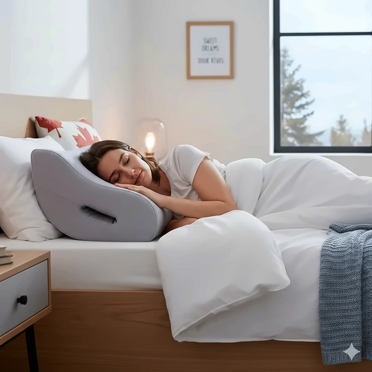 A person sleeping comfortably on their side using an ergonomic pillow for side sleepers in a modern Canadian bedroom. best pillow for side sleepers canada