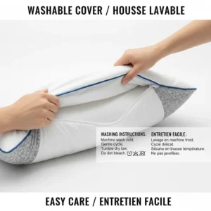 Illustration showing an easy-to-remove washable cover with bilingual English and French care instructions (Entretien facile).