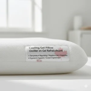 Product label for a cooling gel memory foam pillow featuring English and French bilingual text for the Canadian market.