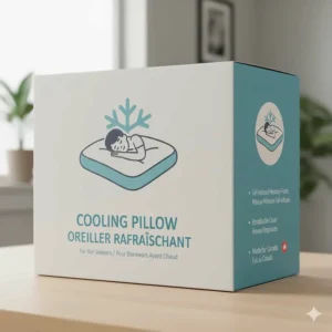 Illustration of a cooling pillow box with English and French "oreiller rafraîchissant" text for the Canadian market.