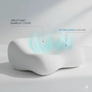 Hypoallergenic and breathable bamboo fabric cover on a memory foam pillow, ideal for sensitive skin and Canadian allergies.