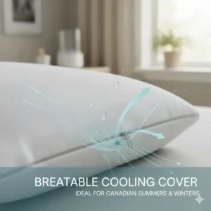 Illustration of the breathable bamboo cover of an adjustable loft pillow, ideal for humid Canadian summers and heated winters.