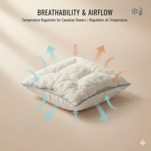 Illustration showing airflow through a goose down pillow to regulate temperature during cold Canadian winters.