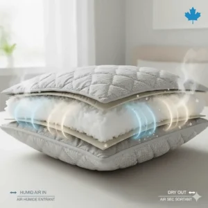 Diagram showing airflow through a hypoallergenic pillow to keep Canadian sleepers cool during humid summers.