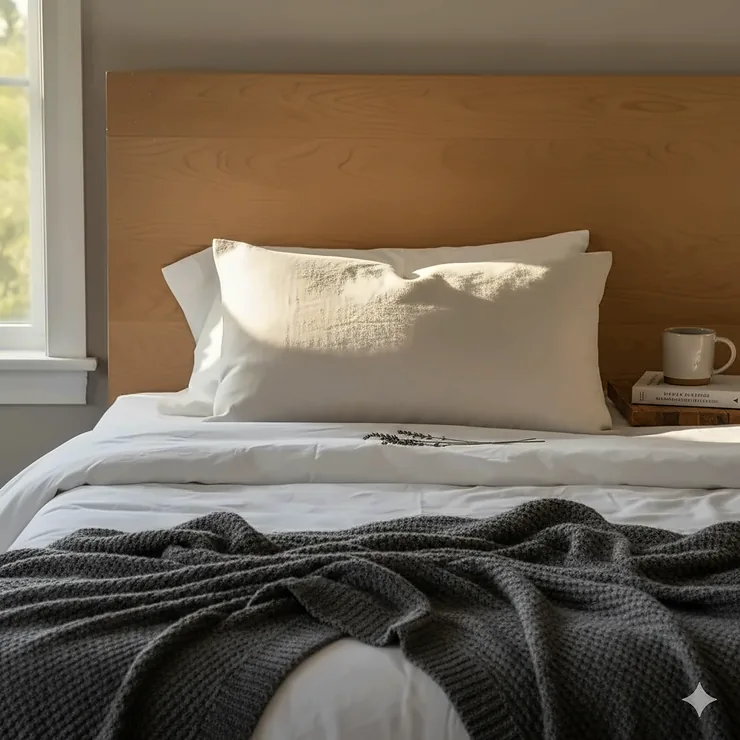 A premium organic buckwheat pillow made in Canada, styled on a modern bed with sustainable linens for a comfortable night's sleep. buckwheat pillow canada