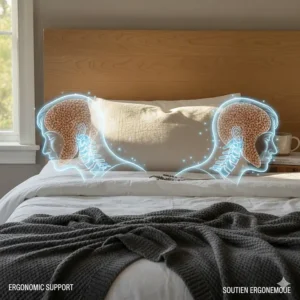 Diagram of a buckwheat pillow providing ergonomic neck support and spinal alignment for side and back sleepers.