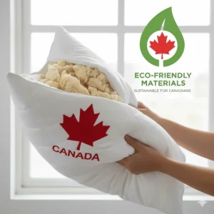 Eco-friendly adjustable loft pillow with a maple leaf icon, highlighting sustainable materials for conscious Canadian consumers.