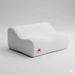 Illustration of a premium memory foam pillow for back sleepers, featuring a subtle maple leaf "Made in Canada" icon.