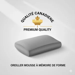 Iconography representing premium quality standards for memory foam pillows sold in the Canadian market (oreiller mousse à mémoire de forme).