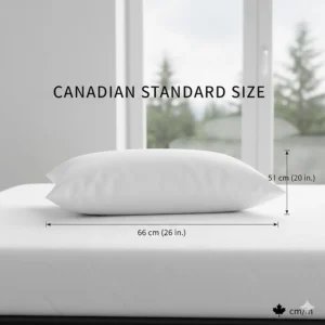 Graphic showing standard Canadian pillow sizes in centimeters (51x66 cm) for a perfect hotel quality bed pillow fit.