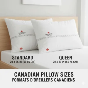 Size comparison chart for standard and queen down alternative pillows hypoallergenic for Canadian bed dimensions.