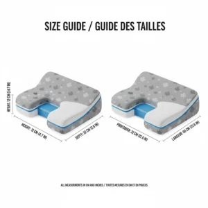 A size guide for a cervical pillow for neck pain featuring measurements in both centimeters and inches for Canadian consumers.