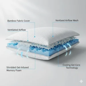 Technical illustration showing the airflow layers and cooling gel technology of a bamboo pillow for temperature regulation.