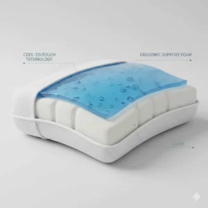 Infographic showing the internal structure of a cooling gel memory foam pillow with heat-dissipation technology.