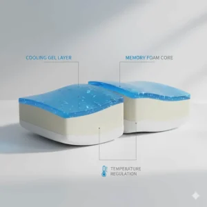 Illustration of a memory foam pillow for neck pain featuring a cooling gel layer for temperature regulation during Canadian summers.