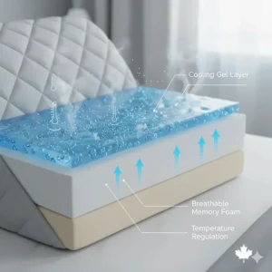 Close-up illustration of the breathable gel layers in a wedge pillow for acid reflux, ideal for temperature regulation.