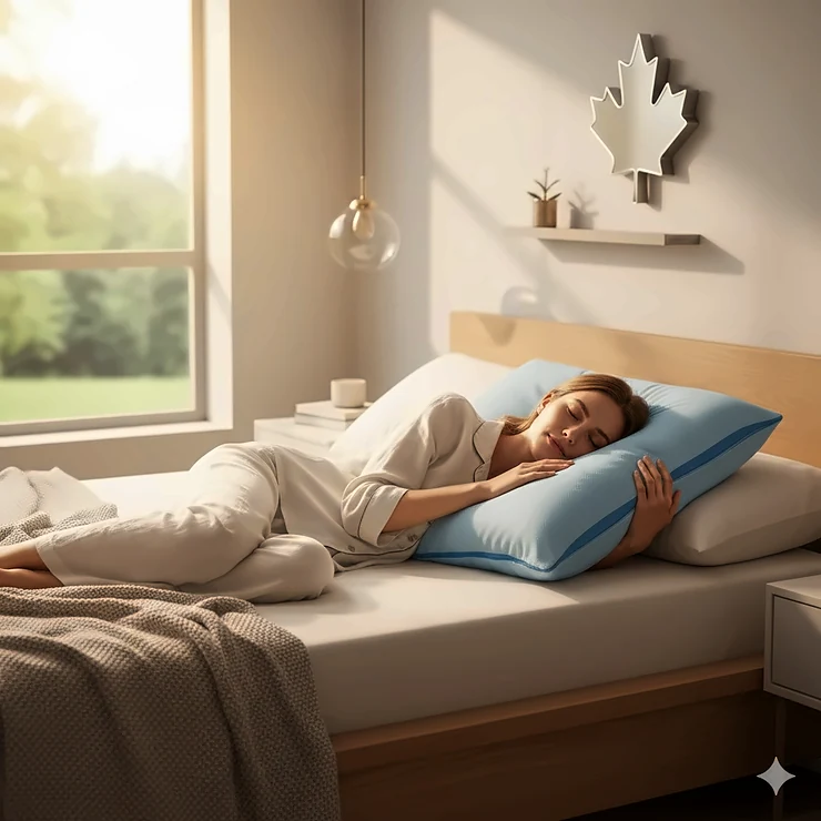 A person sleeping comfortably on a cooling pillow for hot sleepers in a sunlit Canadian bedroom with a maple leaf decor accent. cooling pillow hot sleepers