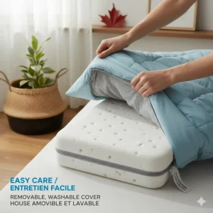Illustration showing the removal of a machine-washable cover from a cooling pillow, popular with Canadian eco-conscious shoppers.