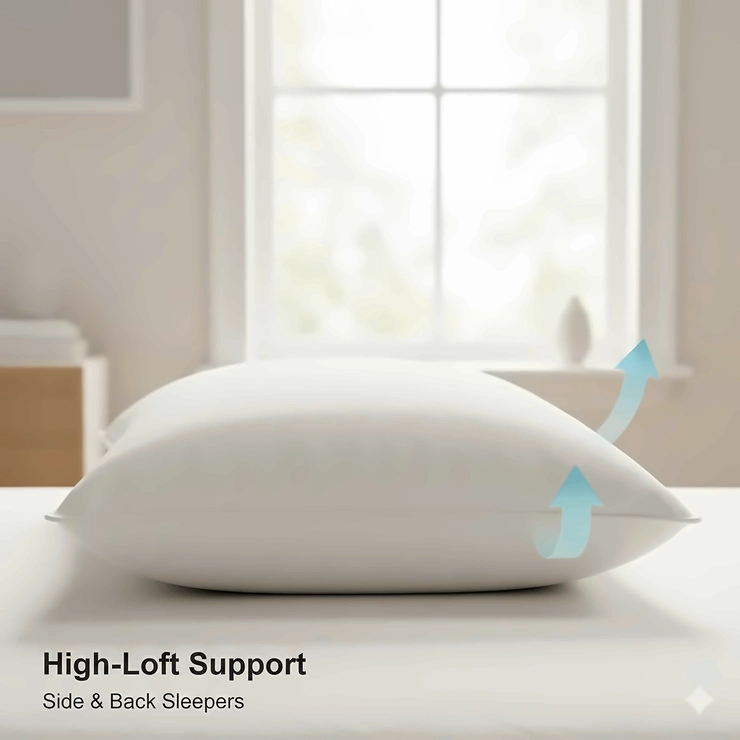 A plush down alternative pillow hypoallergenic and breathable, styled in a modern Canadian bedroom for a comfortable night’s sleep. natural latex pillow