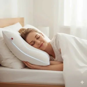 Illustration of a side sleeper using a down alternative pillow hypoallergenic to maintain proper neck alignment.