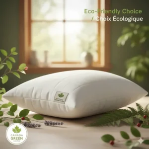 Illustration of an affordable quality pillow surrounded by green leaves, highlighting sustainable materials for Canadian homes.