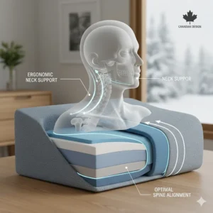 Technical illustration of an anti-snoring pillow showing ergonomic neck support for Canadian side sleepers seeking better sleep posture.