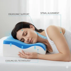 Side-view illustration of proper spinal alignment and neck support using a contoured cooling gel memory foam pillow.