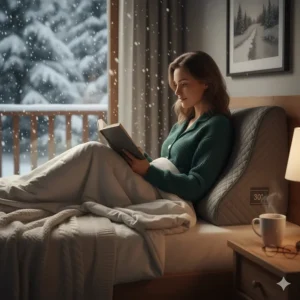 A person sitting up in bed using a wedge pillow for acid reflux support while reading a book on a cold winter night.